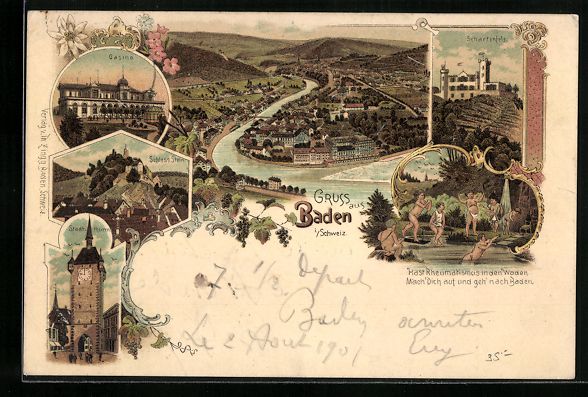 Cartoline postali: Litho Baden, Casino, Schartenfels, Schlo – Usato da Berlin venduto da bartko-reher