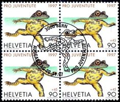 HELVETIA 1997 GELBBAUCHUNKE 4ERBLOCK AUSGABETAG - F442