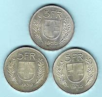 1932,1935+1939, Lot 3x 5 Franken Silber, vorz.-unz. (15918)