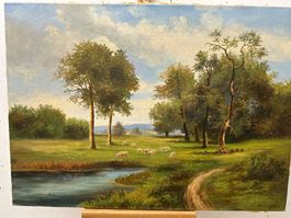 Ölgemälde Landschaft mit Schafen