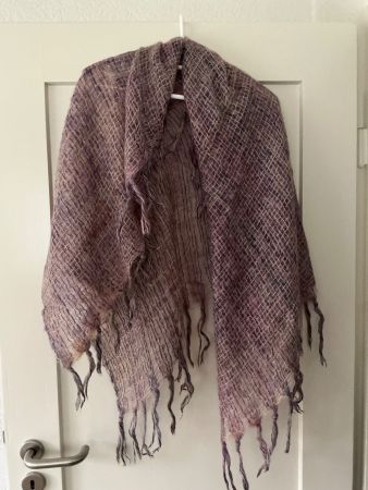 Mohair-Stola handgewoben, dezent lachsfarben mit blau