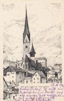 1902 Postkarte mit Ansicht von Davos-Platz St. Johans Kirche