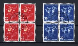 2 Pro Juventute Viererblocks von 1943, gestempelt Stäfa