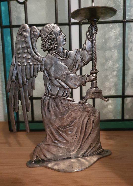 Napco Gartenfigur 'Engel Mit Vögeln' – Kunstharz, Zinngrau, Ca. 47 X 34,3 Cm, Für Tisch Oder Regal