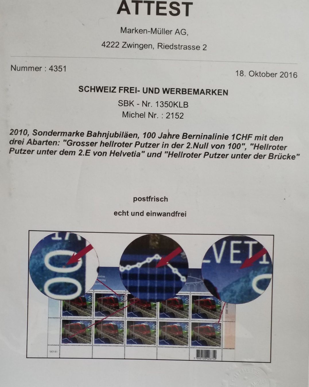 Tutti i francobolli: 1350KLB, mit 3 Abarten, Attest, postfrisch Kt. 300.- – Nuovo (secondo la descrizione) da Baden venduto da Eggi