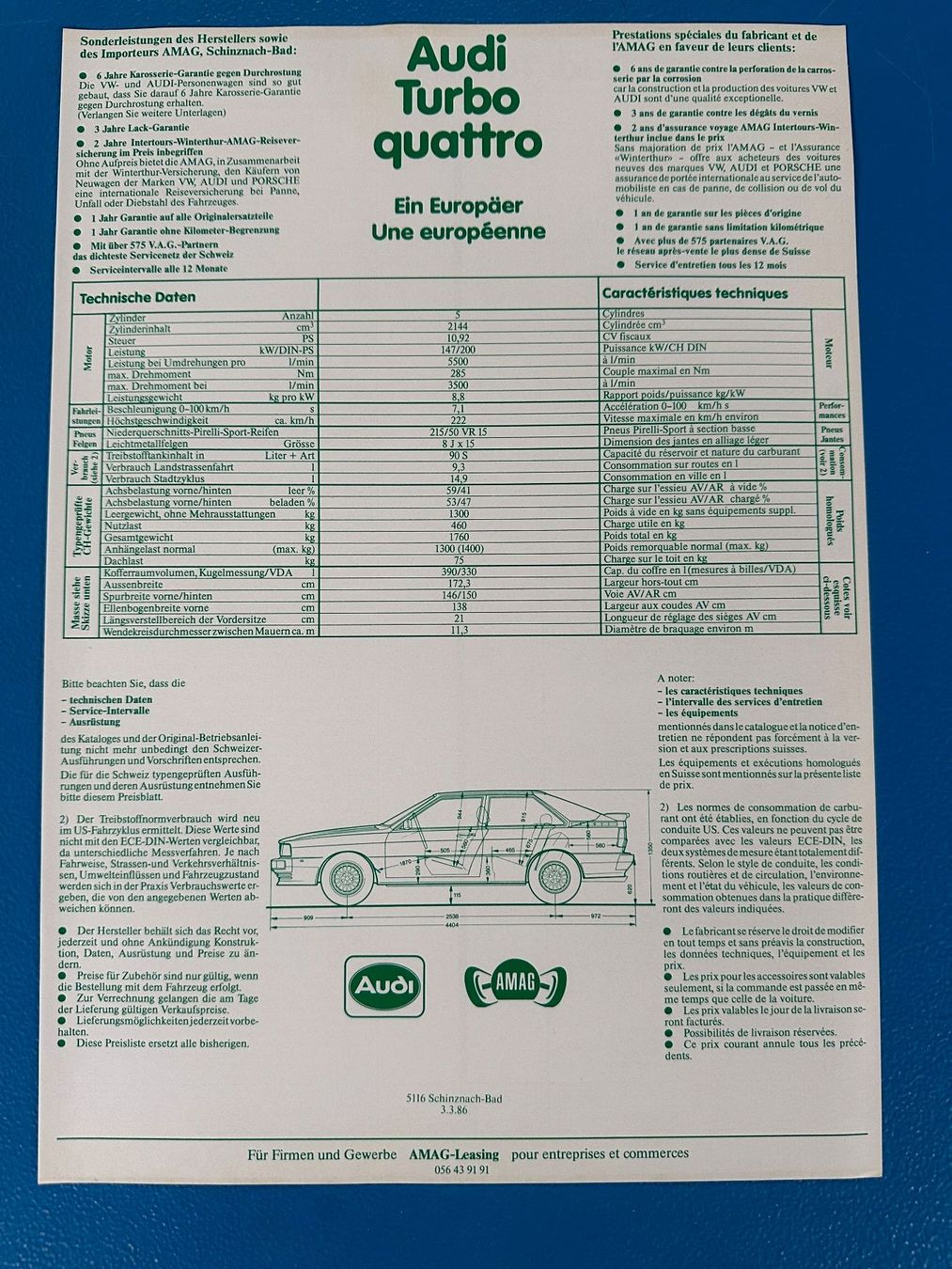 Audi Dokumente: Prospekt  Audi Quattro 1986 – Gebraucht aus Boswil von pavo1 1