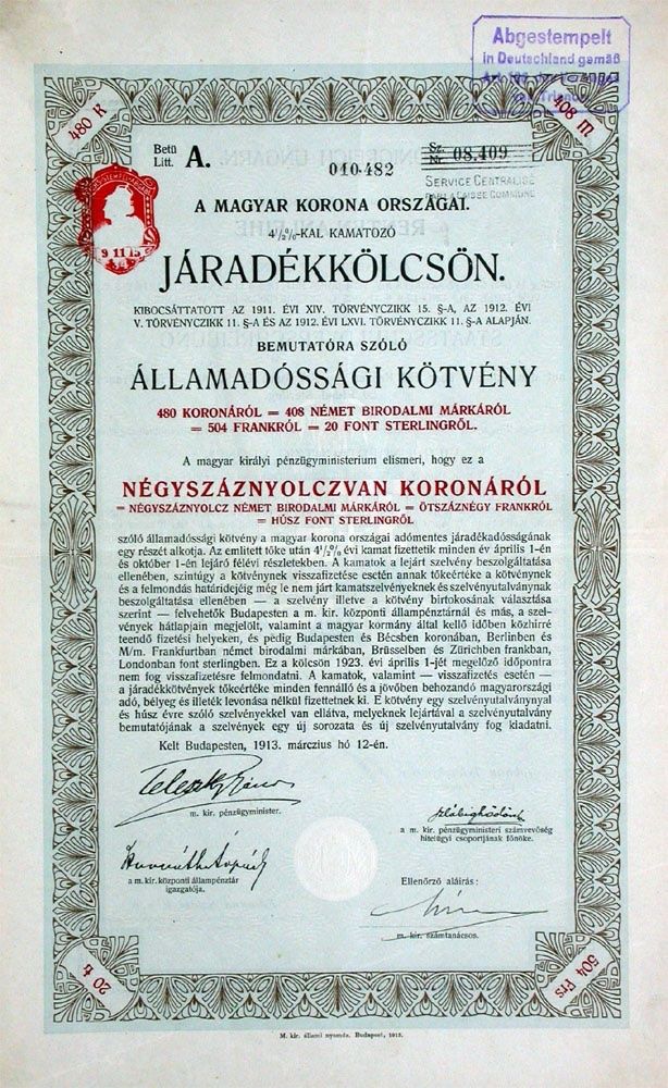 Documenti: 4,5% Königreich Ungarn, Budapest - 1913 – Usato da Solothurn venduto da Sgasche