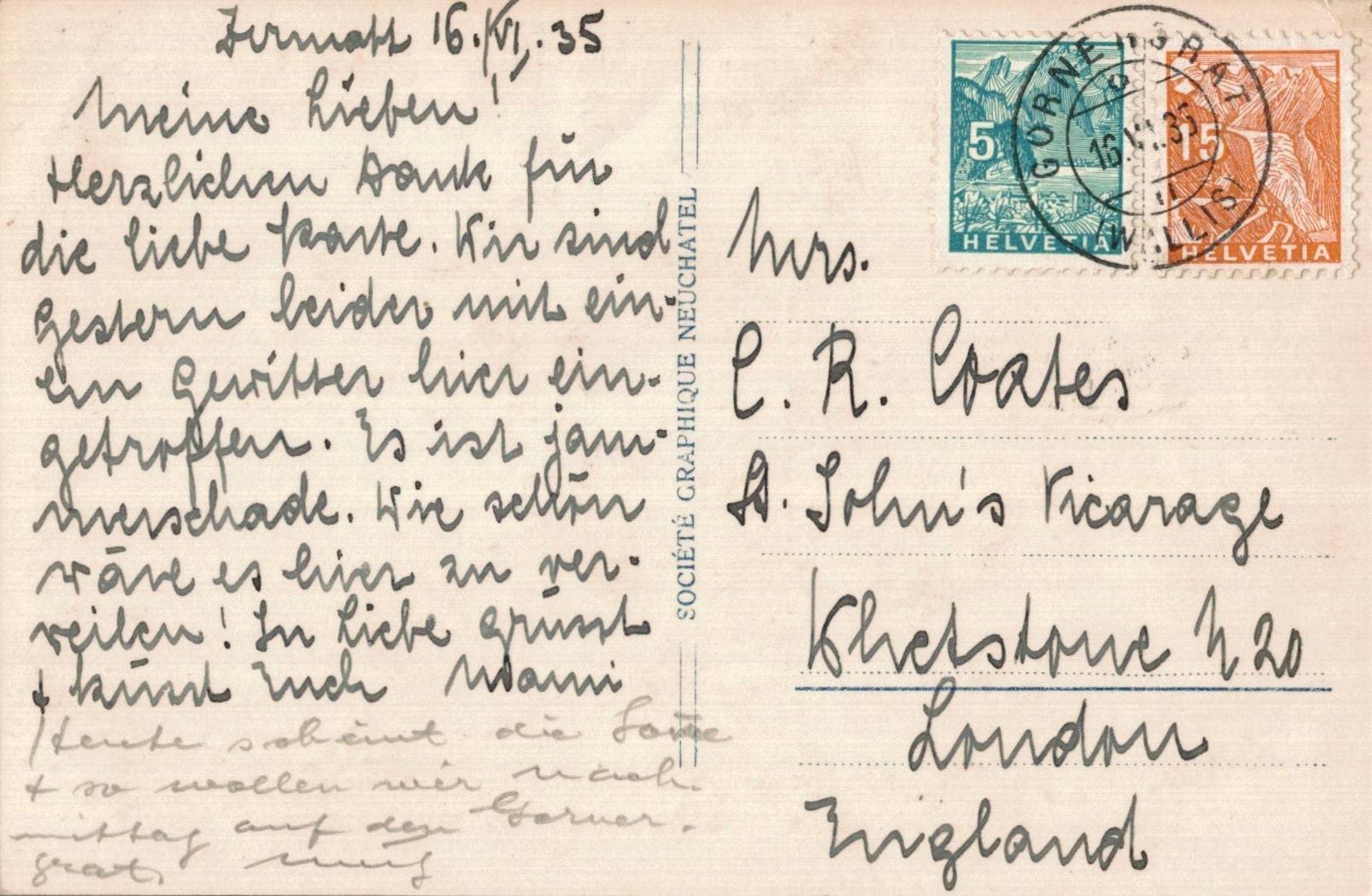 Cartoline postali: Ansichtskarte Zermatt das Innere der Kirche 16.VI. 1935 – Usato da Luzern venduto da Kartenansicht 1