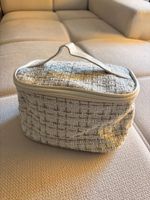 Kulturbeutel Tweed Weiss Gold mit Leder Details neu