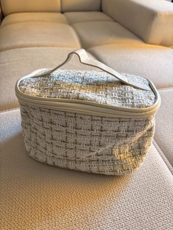 Kulturbeutel Tweed Weiss Gold mit Leder Details neu
