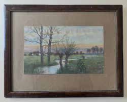 tableau "paysage au ruisseau" signé Hans SKOCEK dessin ancie