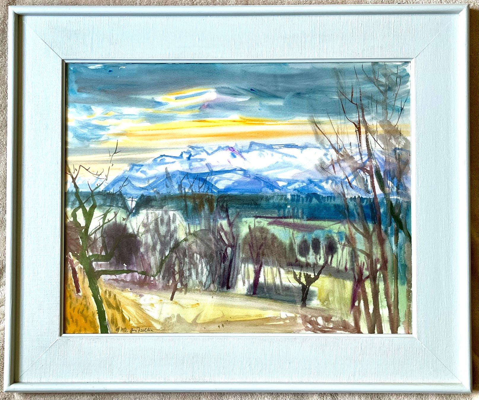 Dipinti: F. M. Brütschlin, Gemälde, Berge mit Abendrot – Usato da Olten venduto da peterblau