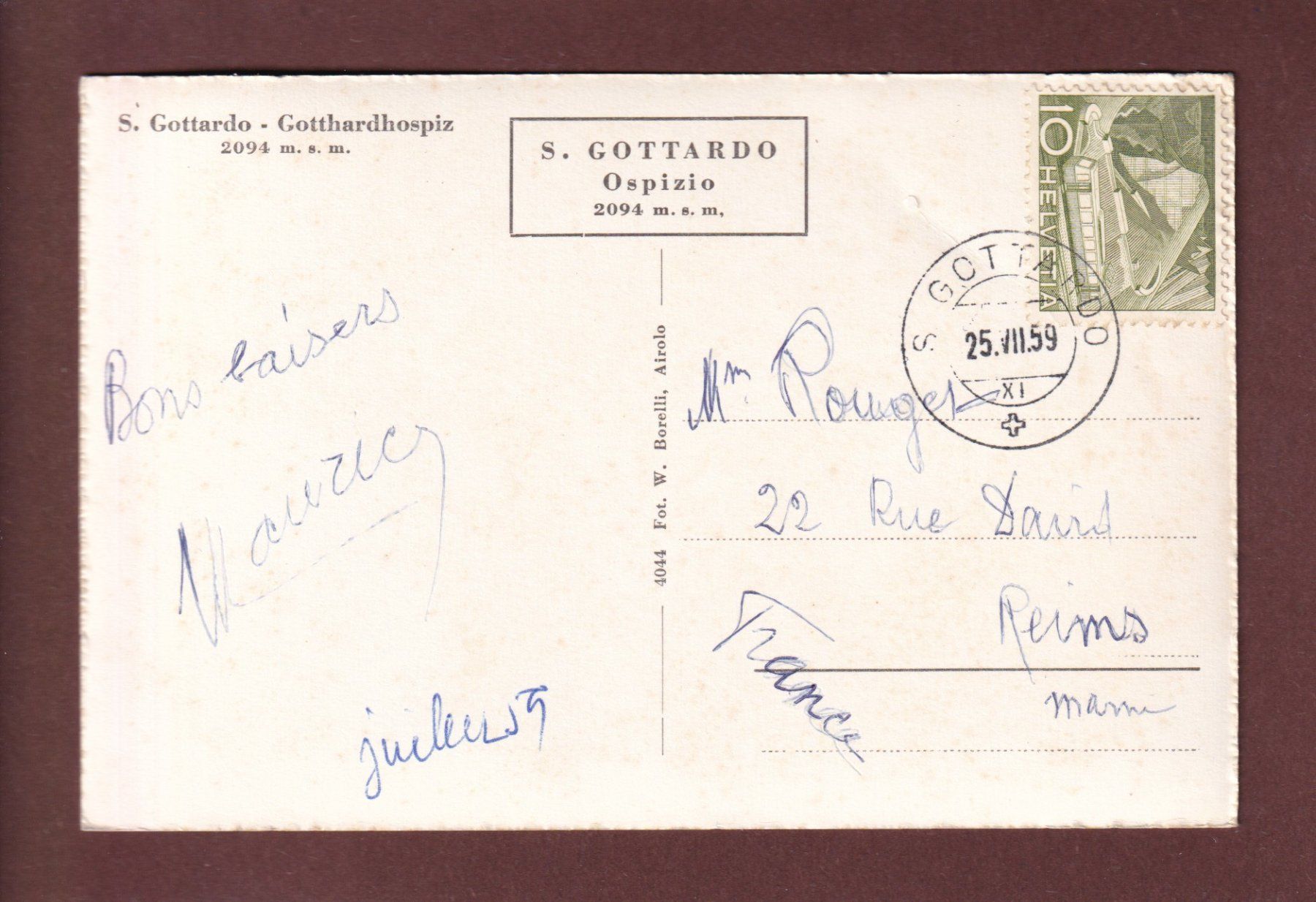 Cartoline postali: SAN GOTTARDO - Auto - 1959 – Usato da Pully venduto da nicecards-shop 1