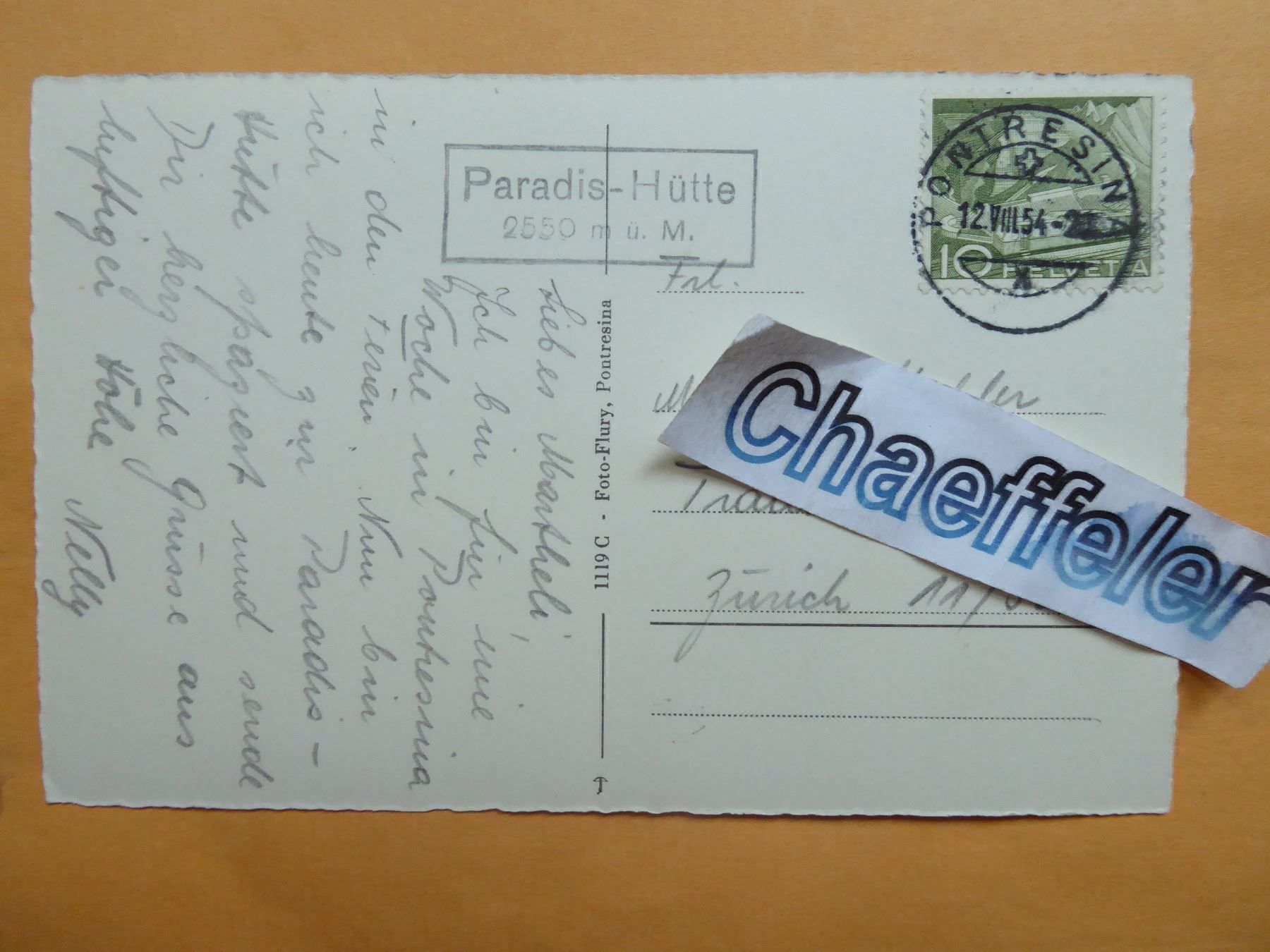 Cartoline postali: 1954 Skihütte "Paradis" mit Berninagruppe – Usato da Zürich venduto da Chaeffeler 1