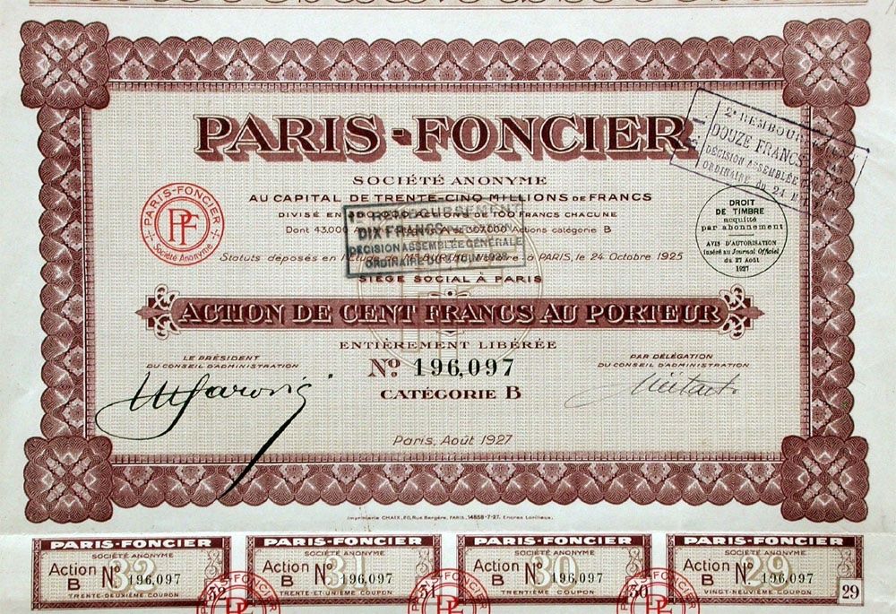 Dokumente: Paris-Foncier SA, Paris - 1927 – Gebraucht aus Solothurn von Sgasche