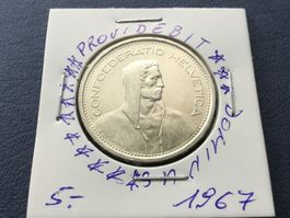 5 Franken Silbermünze 1967 m.3*** vor Gesicht, fast unzirk.