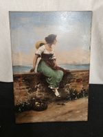 Gemälde Frau am Meer auf Mauer sitzend 19. Jh. Öl auf Holz