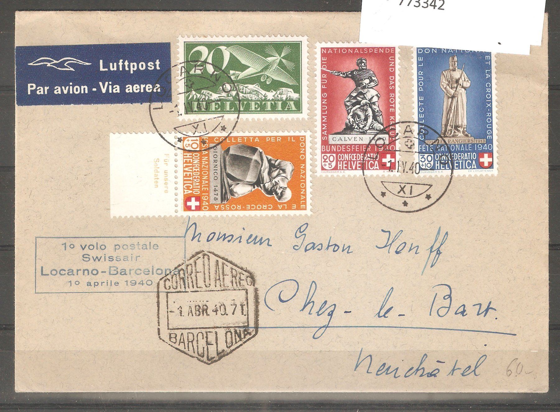 Alle Briefmarken: Erstflug Locarno-Barcelona 1.4. – Gebraucht aus Lausanne von Whorvath