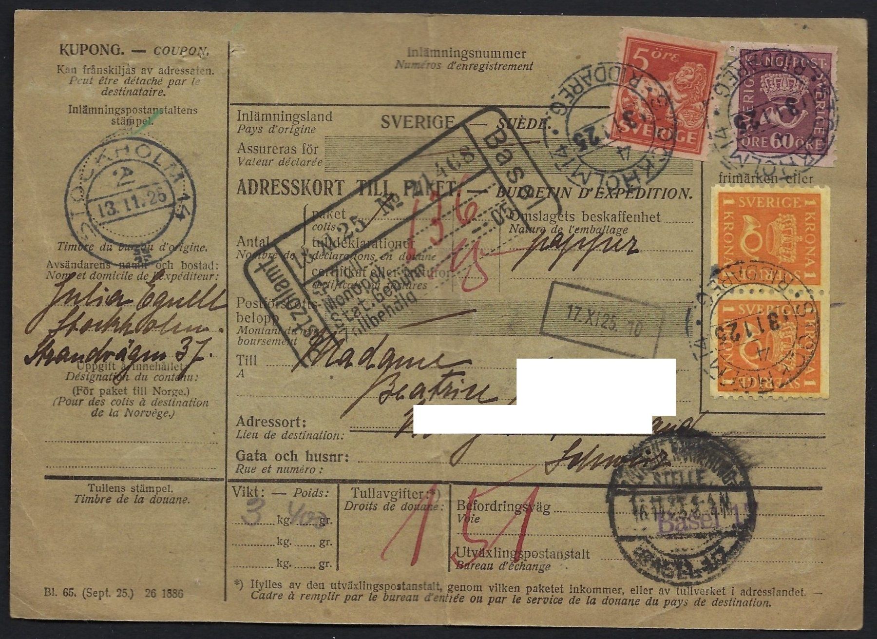 Tutti i francobolli: Zollbeleg Schweden 1925 – Usato da Luzern venduto da Einh0rn