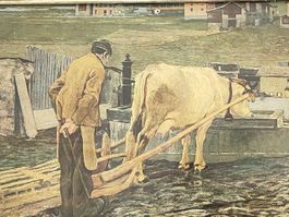Bild Bauer mit Kuh am Brunnen, ländliche Idylle, Vintage