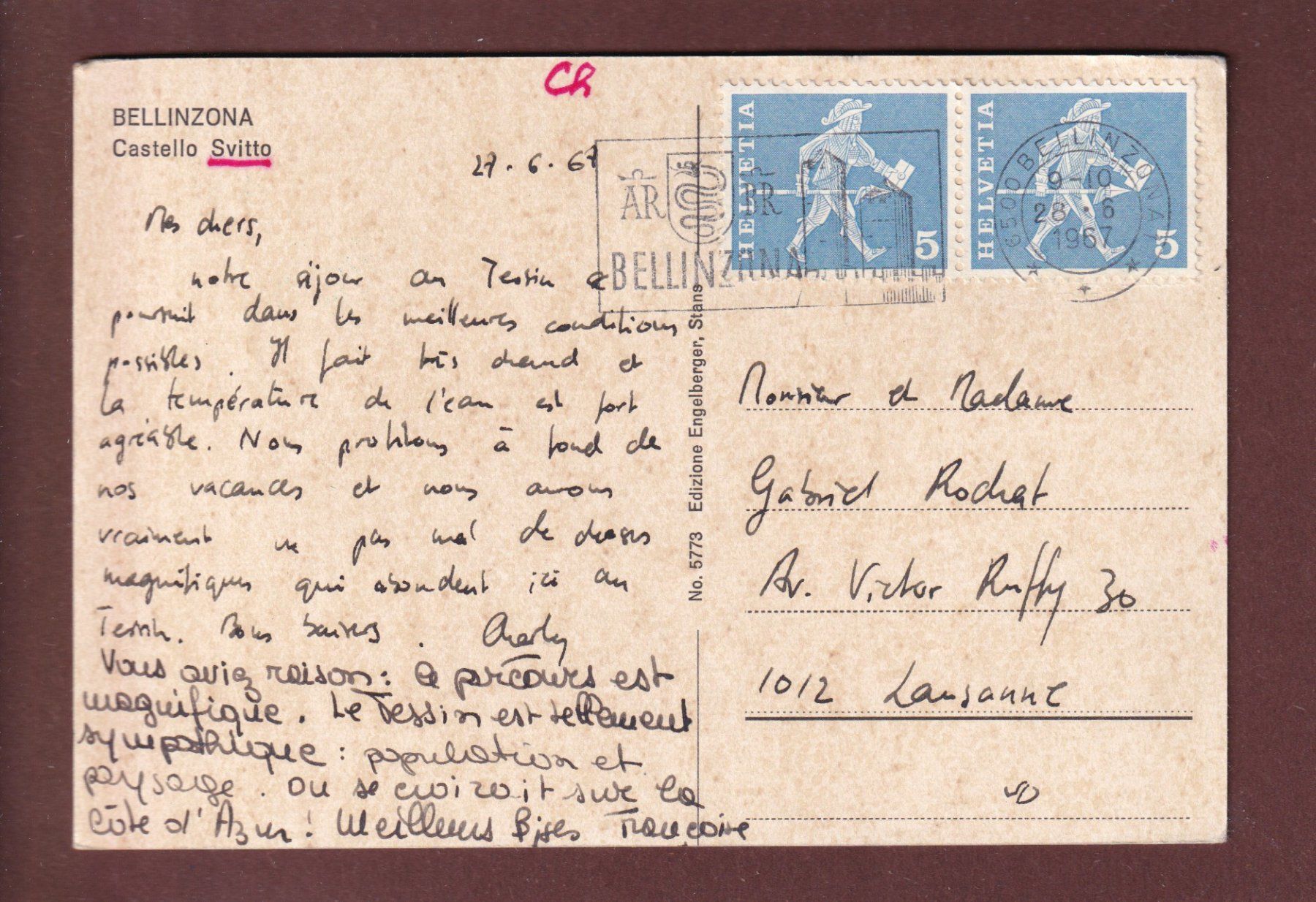 Cartoline postali: BELLINZONA - Castello Svitto - 1967 – Usato da Pully venduto da nicecards 1