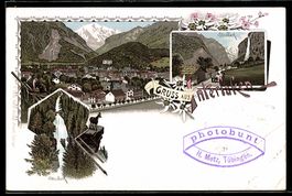 Lithographie Interlaken, Giessbach, Staubbach, Gesamtansicht