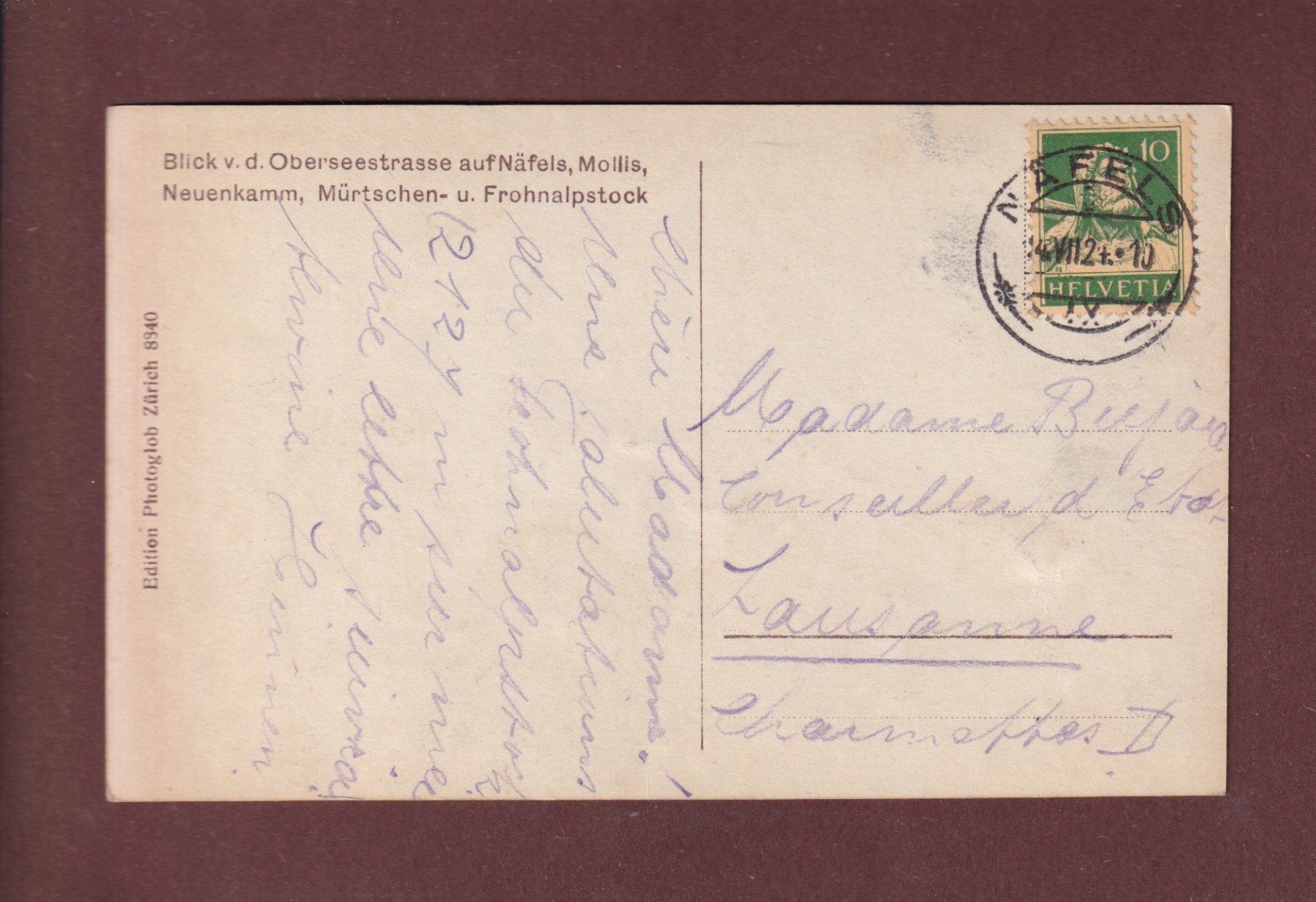 Cartoline postali: NÄFELS - Mollis - 1924 – Usato da Pully venduto da nicecards-shop 1