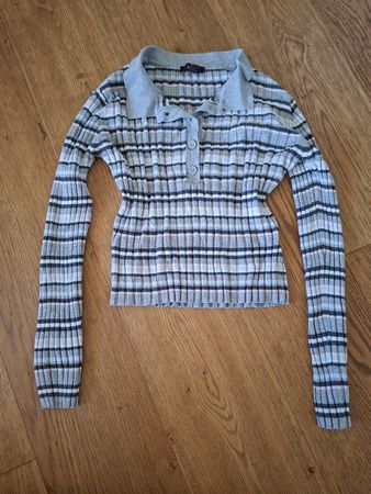 Haut manches longues gris, bleu, rose, rayé, style polo, S