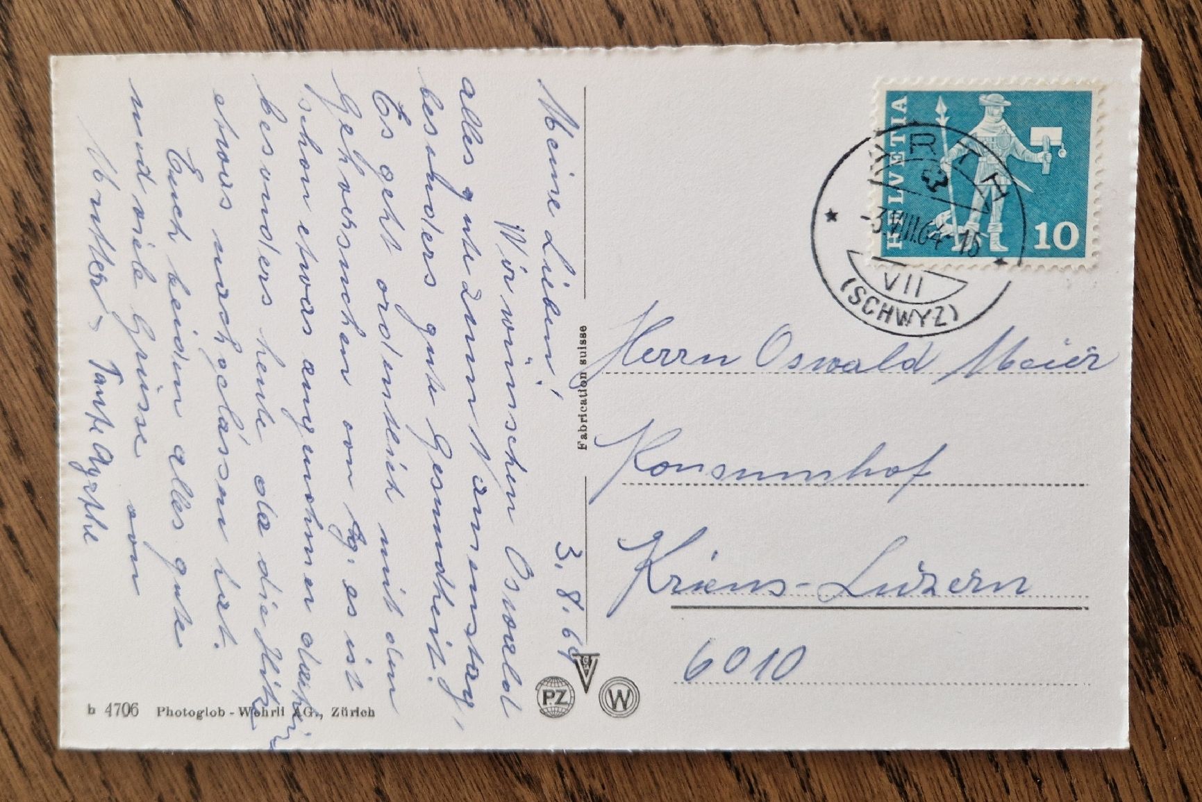 Cartoline postali: Arth am See 1964 – Usato da Ebikon venduto da Donar50 1