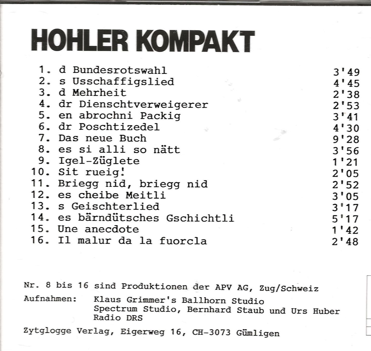 CD: HOHLER kompakt – Usato da Reinach BL venduto da studii100 2