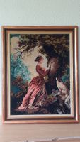 Wandbild Gobelin, Dame mit Hund, gerahmt, Vintage Stil