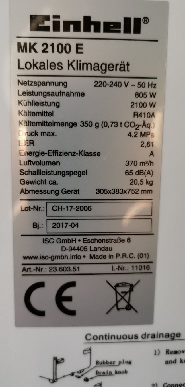 Einhell Condizionatori: Mobiles Klimagerät Einhell MK 2100 E – Usato da Suhr venduto da Alan75 5