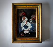 HINTERGLAS MALEREI, «BLUMEN GIESENDE FRAU» MONOGRAMM T.C.