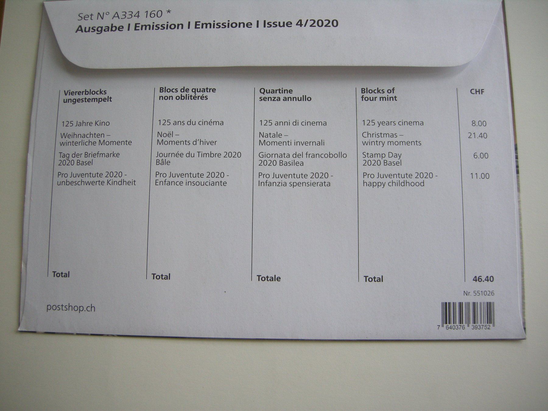 Alle Briefmarken: 2020 EMISSION 4, 4er BLOCKS POSTFRISCH, FRANKATUR, postpreis – Gebraucht aus Rüti ZH von jupi1945 2