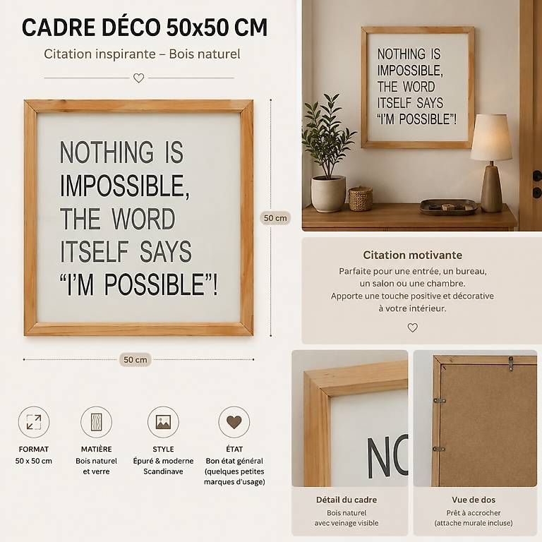 Leinwände & Keilrahmen: cadre déco 50 x 50 cm avec citation "Nothing is impossible"  – Gebraucht aus Collombey von qua_lb8f