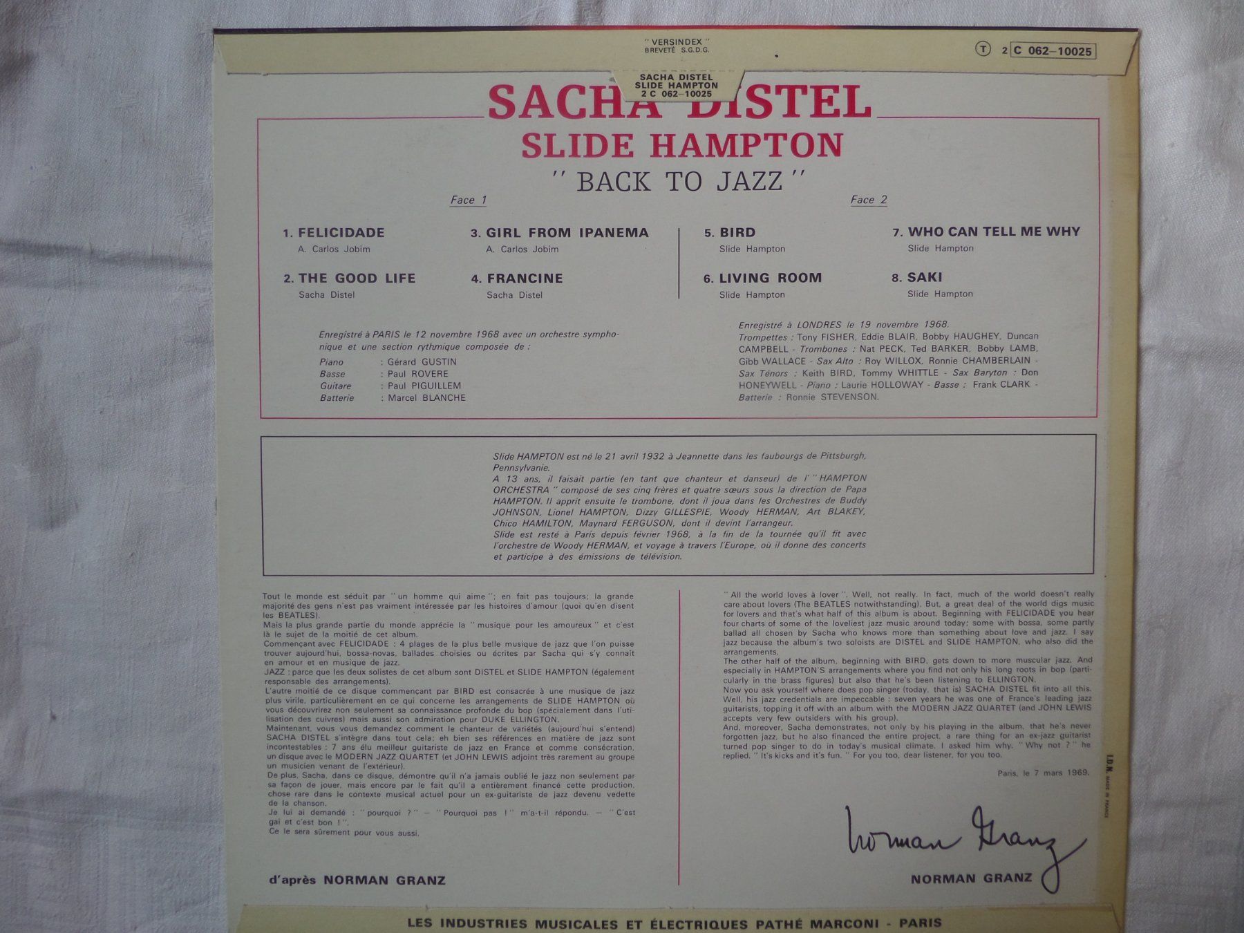 Schallplatten: Sacha Distel / Slide Hampton - Back To Jazz – Gebraucht aus Genève von CDLPBookS 1