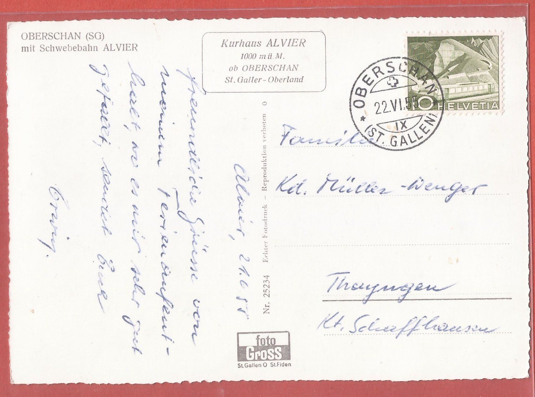 Cartoline postali: Oberschan mit Schwebebahn Alvier - 1955 – Usato da Fislisbach venduto da Porano 1