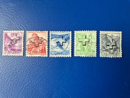 1938, 5 Briefmarken Landschaftsbilder mit Kreuz Aufdruck
