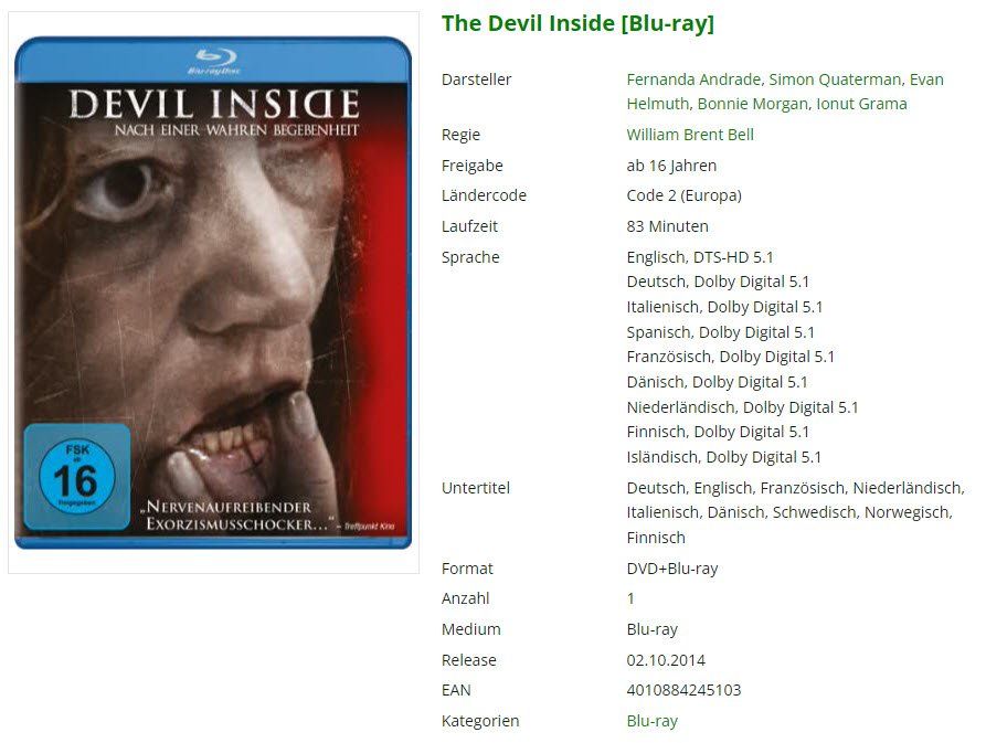 Tutti i DVDs: The Devil Inside (Bluray) – Usato da Buchrain venduto da Sssschaller
