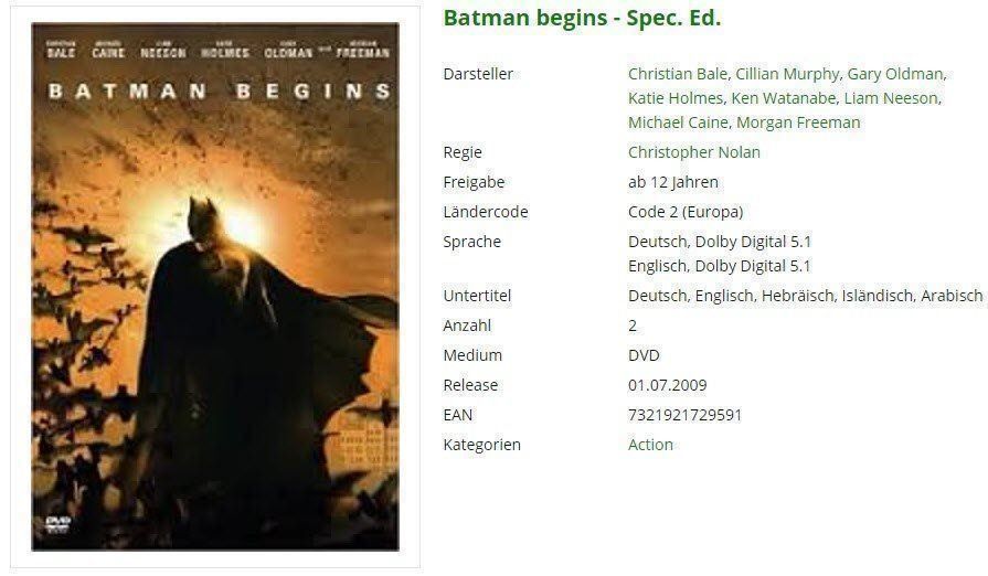 Tutti i DVDs: Batman begins - Spec. Ed. - DVD – Usato da Buchrain venduto da Sssschaller