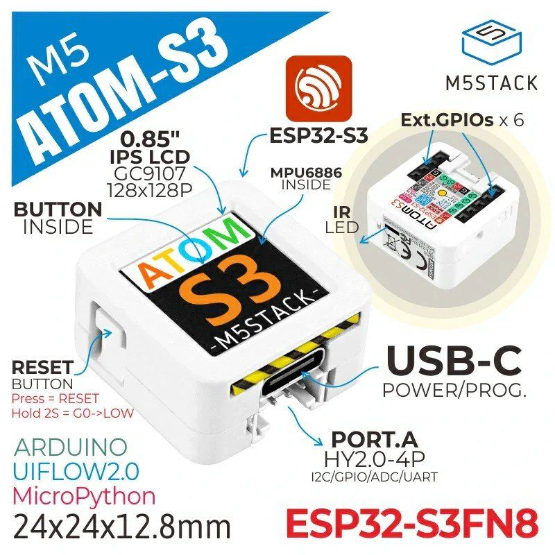 Componenti elettronici: ATOMS3 mit 0.85" LCD  von M5Stack (ESP32-S3) – Nuovo e nell'imballaggio originale da Veltheim AG venduto da Mibib 1