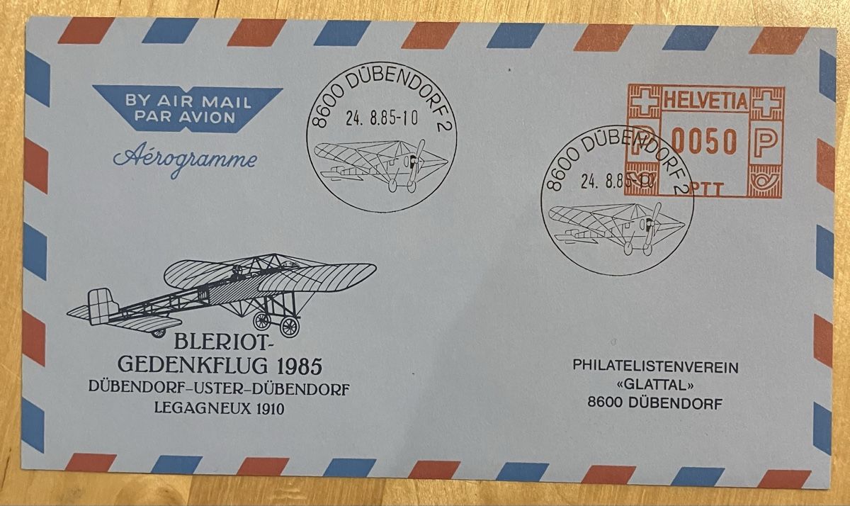 Alle Briefmarken: Aérogramm Bleriot-Gedenkflug 1985 Dübendorf – Gebraucht aus Bauma von Baumer71