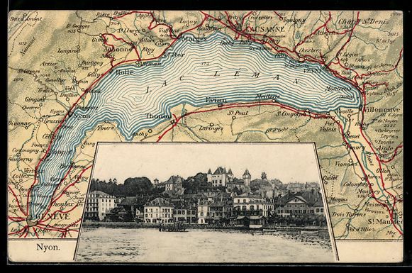 Ansichtskarten: Nyon, Ortsansicht am Ufer, Passepartout  – Gebraucht aus Berlin von bartko-reher