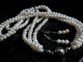 Set Perlenkette mehrreihig 3 Reihen Kette Zuchtperlen weiß