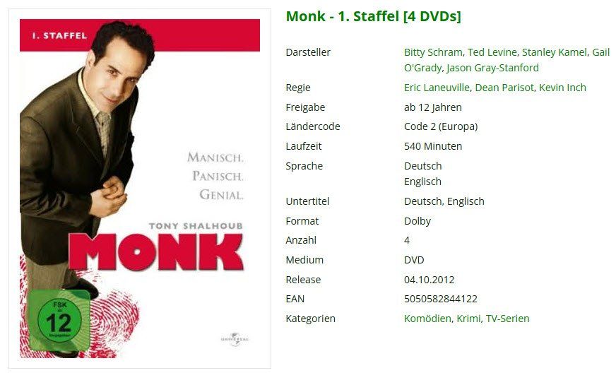 Tutti i DVDs: Monk - 1. Staffel (4 DVDs) – Usato da Emmetten venduto da SVollenweider