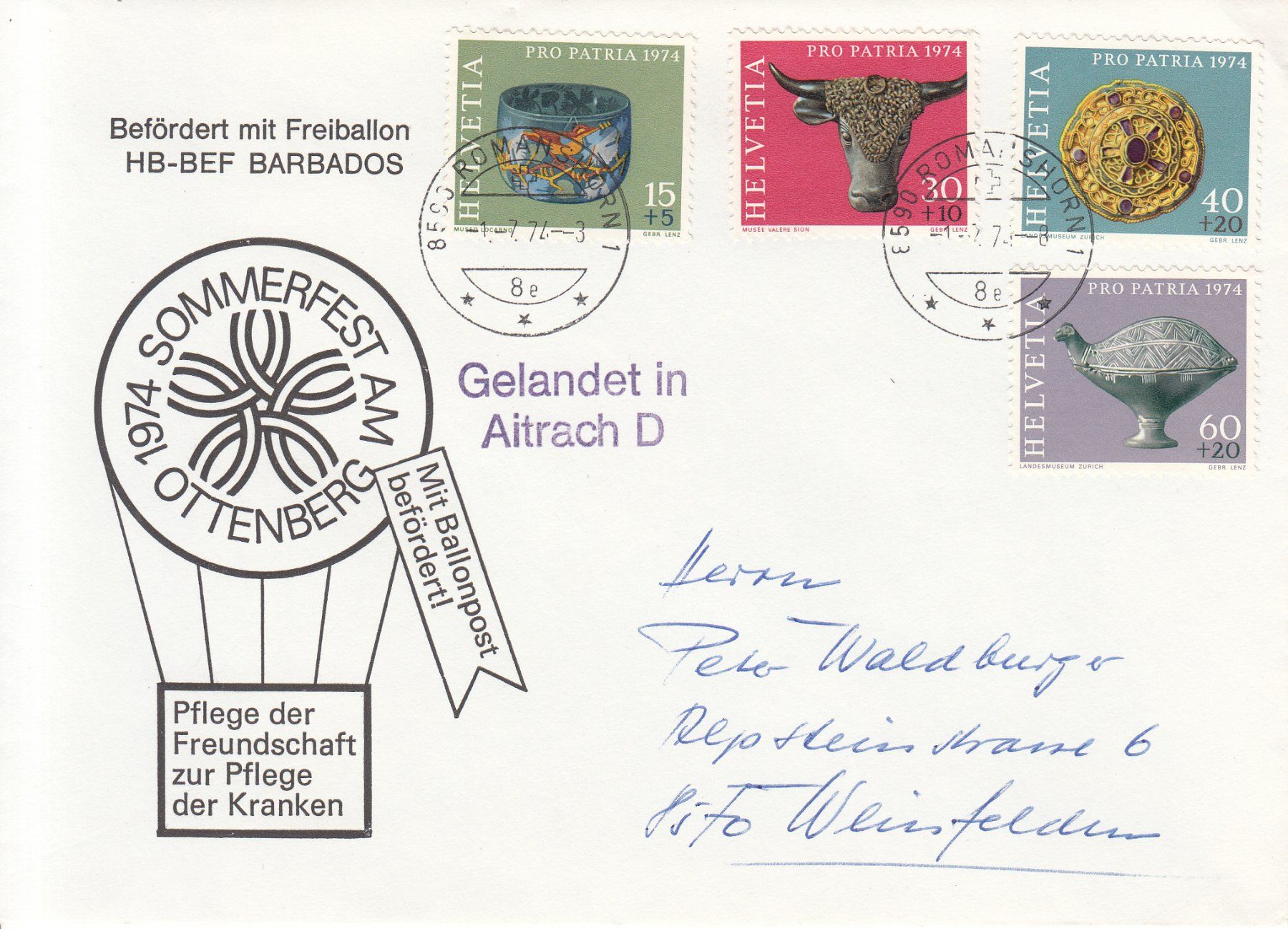 Alle Briefmarken: Ballonpost Sommerfest Ottenberg 1974 – Gebraucht aus Bürglen TG von StampGraf