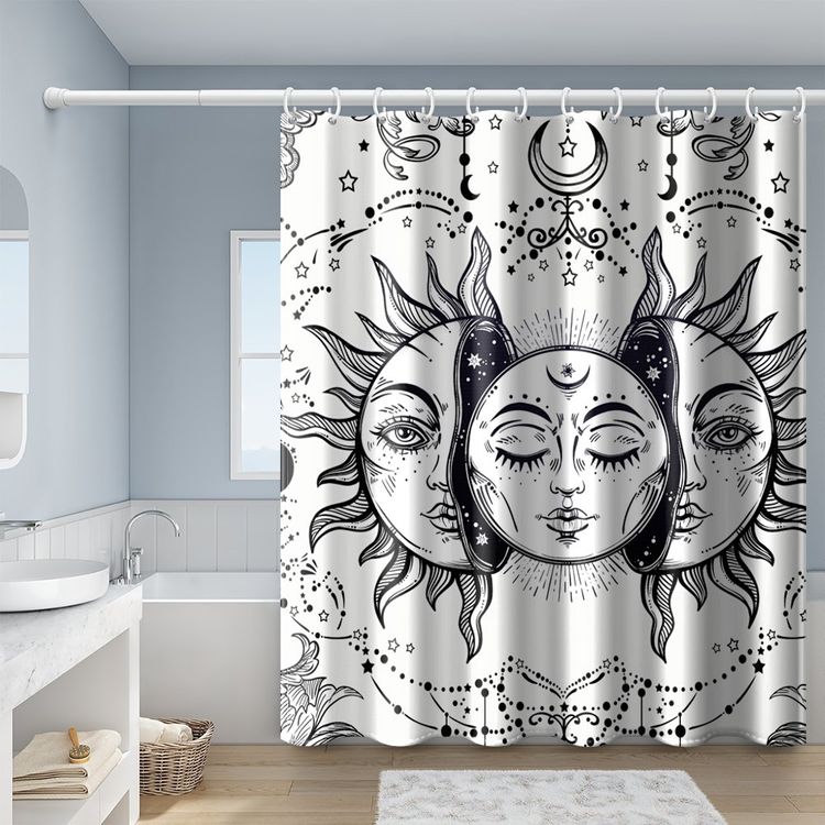 Miyotaa Abstrakter Duschvorhang Sonne & Mond | 152x180 Cm | Wasserdicht, Mit 12 Haken | Mandala-Design