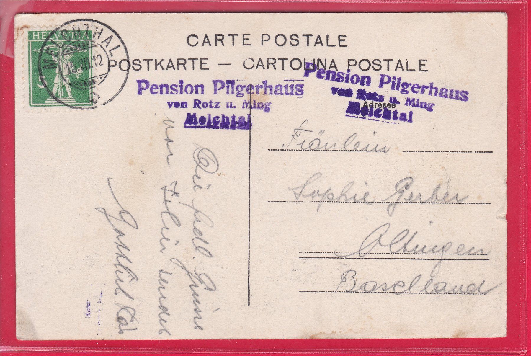 Cartoline postali: MELCHTHAL MIT NÜNALPHORN UND BARGLEN, 15.7.1912 – Usato da Oberrieden venduto da Gebirgsstelze 1