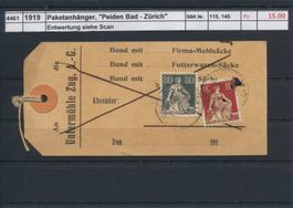 1919 Paketanhänger, "Peiden Bad - Zürich"