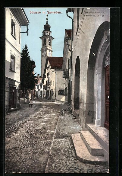 Cartoline postali: AK Samaden, Strassenpartie mit Uhrturm – Usato da Berlin venduto da bartko-reher
